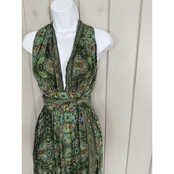 Earthbound Trading Co. Maxi Dress L Large Halter Cross Back Green Gold Floral - Picture 3 of 7